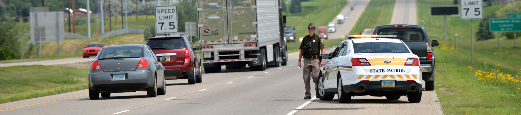 North Dakota Highway Patrol pulls over pickup truck on Interstate 94 outside Bismarck.
