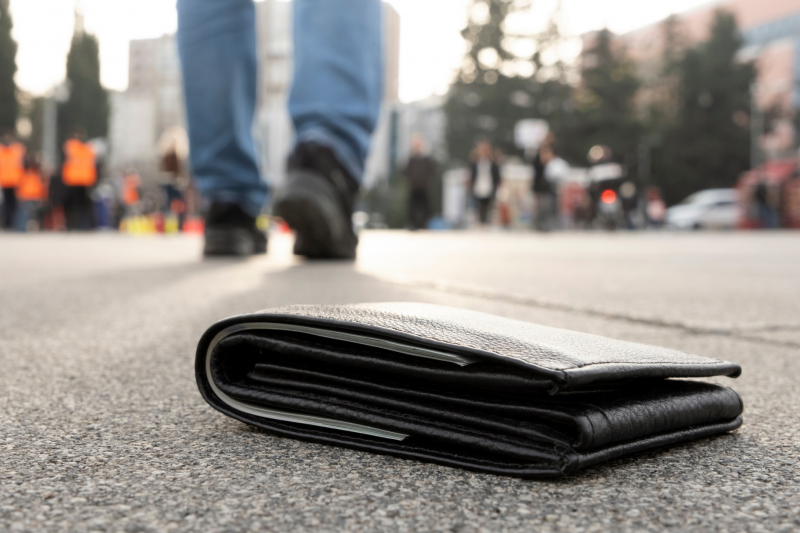Wallet lays on a street while the owner walks away unknowingly.