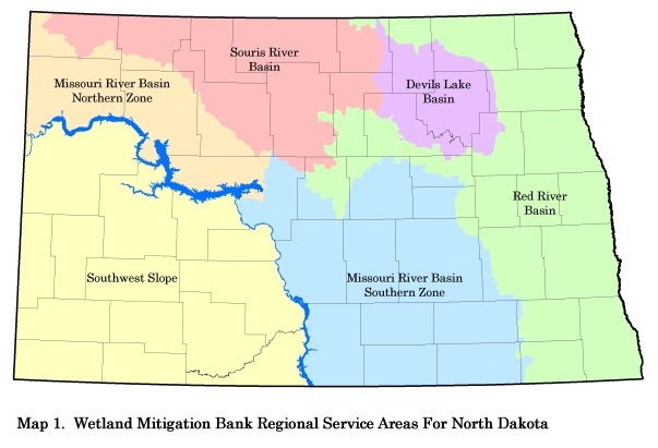 Map of North Dakota highlighting river basins.