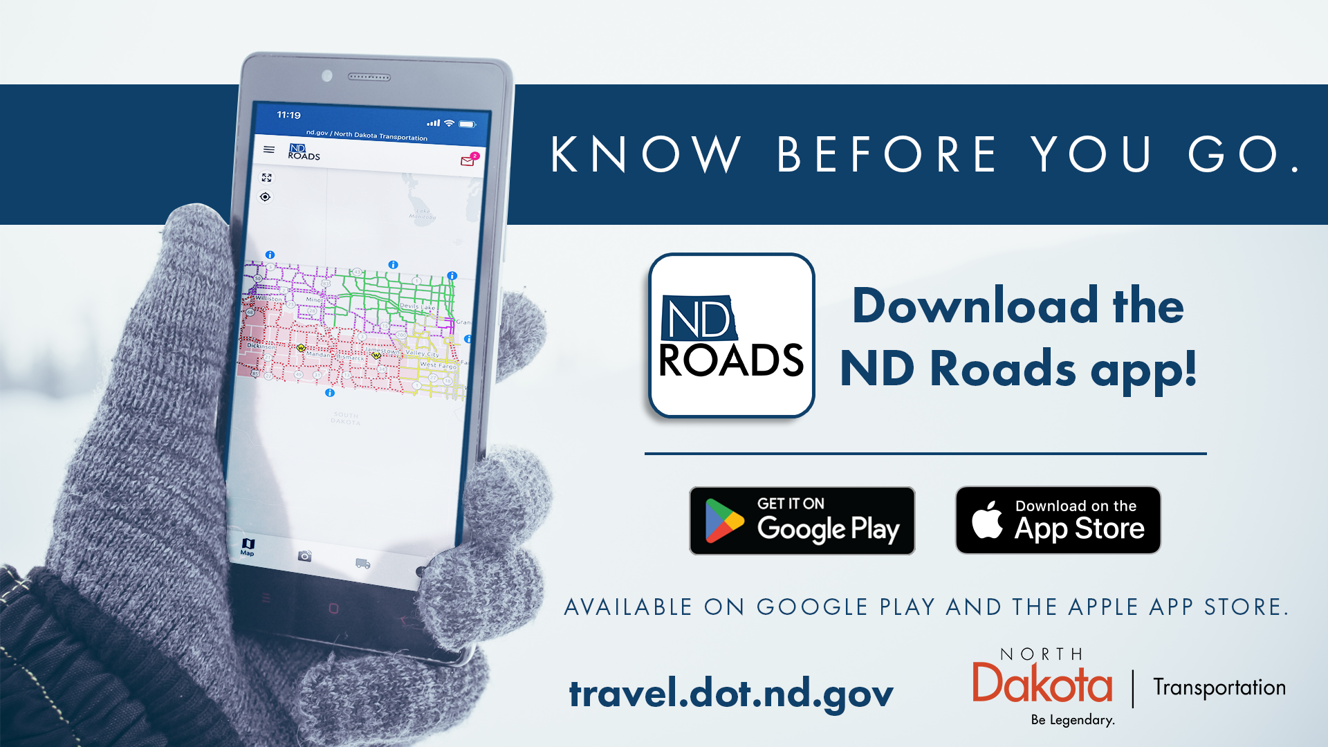 Know before you go graphic. ND Roads app ad. 