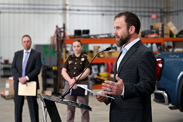 Matt Linneman speaking at the work zone safety news conference. 