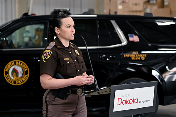 Jenna Clawson Huibregtse speaking at the work zone safety news conference. 