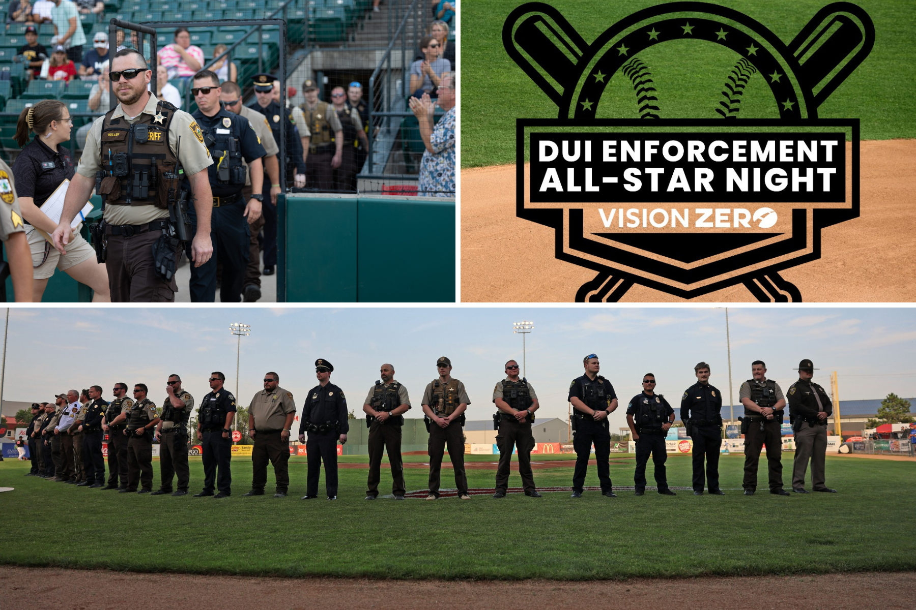 Law Enforcement officers line up on a baseball field