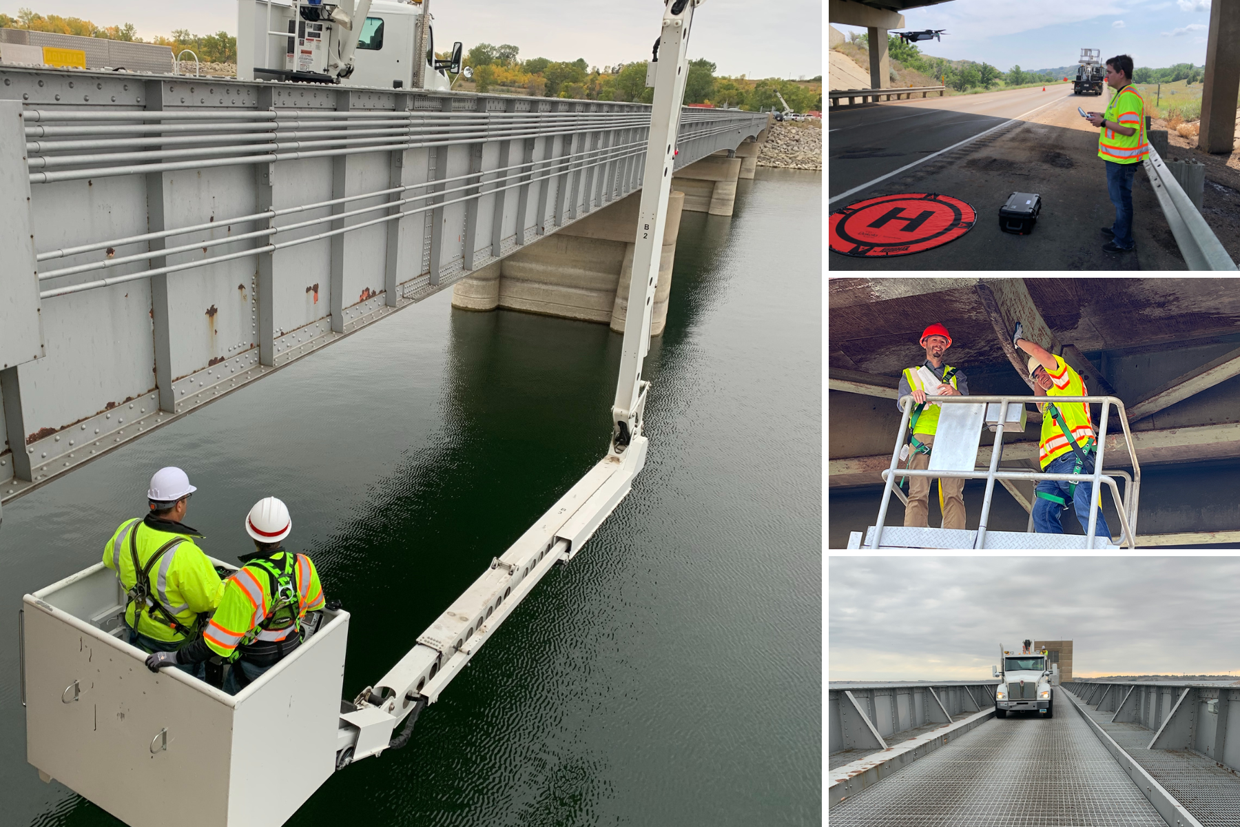 NDDOT inspectors inspect bridges using different tools, including a lift truck and a drone