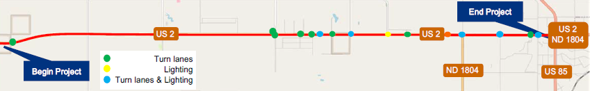 Map that shows the project starts at the Montana border and ends at US 85 in Williston. 