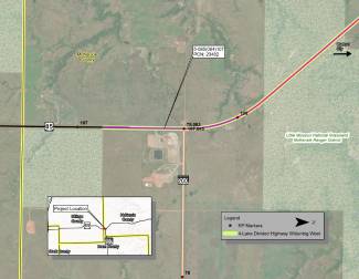 Geographical map showing the section of US Highway 85 from ND 200/US 85 Intersection. Indicates RP markers and 4-Lane Divided Highway Widening to the west.