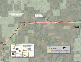 Map of the US 85 Expansion project from the Junction of ND 200 to RP 121, showing sections of planned 4-lane divided highway widening to the east and west, RP markers, and key landmarks like Grassy Butte and Watford City.