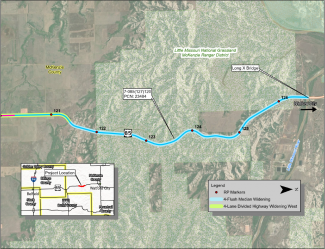 Geographical map showing the section of US Highway 85 from RP 120.3 north to the Long X Bridge in McKenzie County, North Dakota. The map highlights key features such as the Little Missouri National Grassland, Watford City, and project improvements, including 4-lane divided and median widening sections.