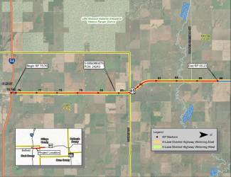 Geographical map showing the section of US 85 Expansion—Jct of I-94 North 10 Miles in Stark and Billings County, North Dakota. The map highlights key features, including RP markers, divided 4-lane widening sections, east and west.