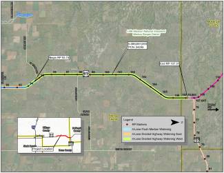 Geographical map showing the project section Near Gorham Junction North to Junction of ND 200 as part of the US Highway 85 Expansion.