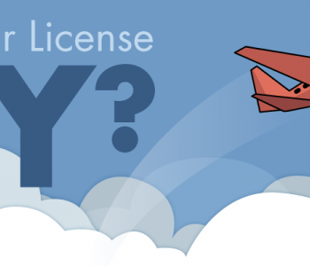 Graphic of a plane flying out of the clouds with text that reads, "Does Your License Fly?"